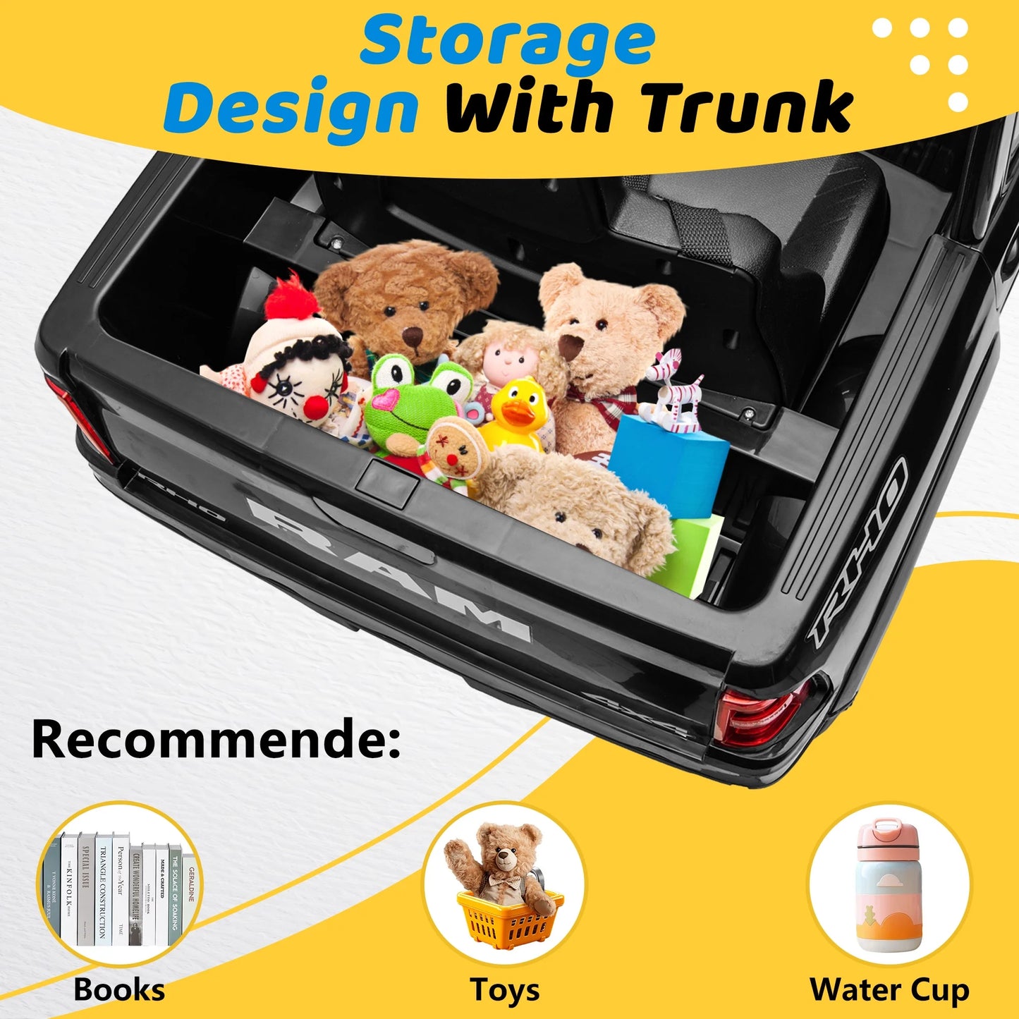RAM 1500 Ride on Truck Cars, 12V Powered Ride on Toys with Remote Control, 4 Wheel Suspension Electric Cars for 3-5 Yrs Boy Girl W/Key Switch, Safety Belt, Music, Bluetooth, LED Lights, Black