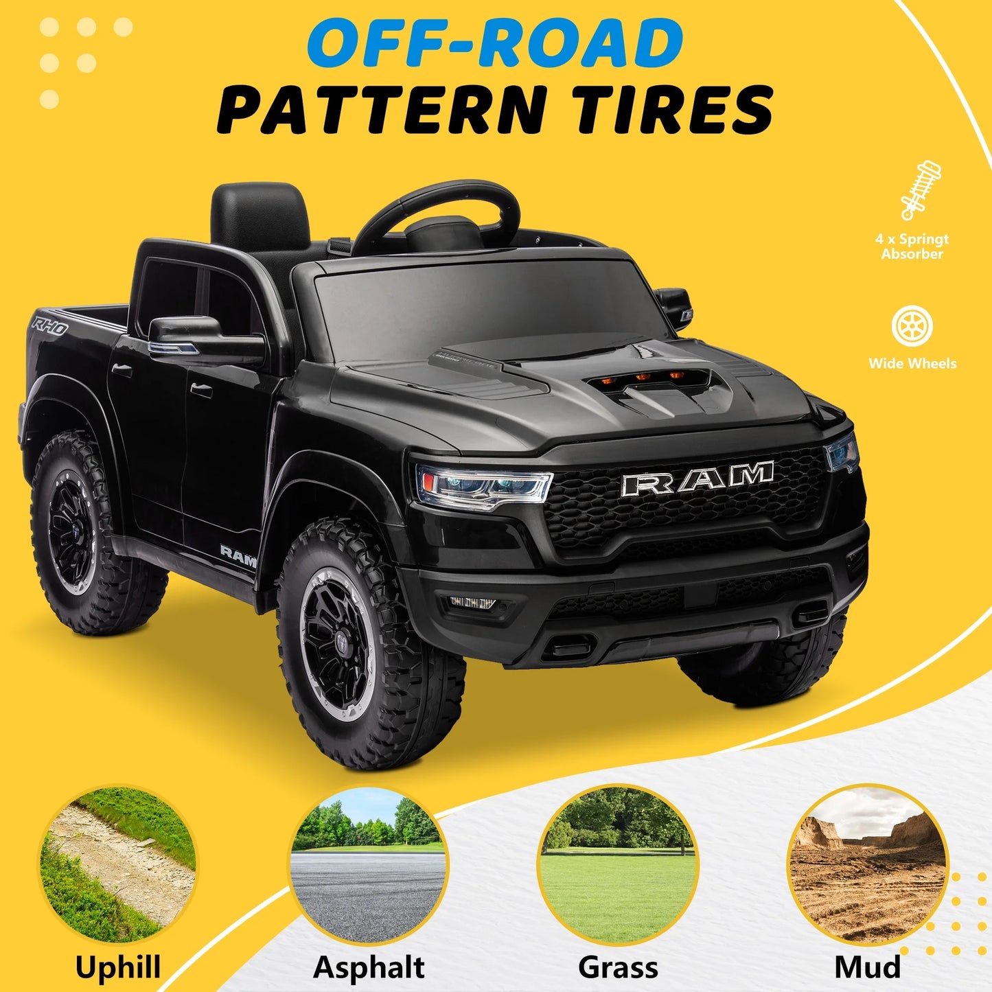 RAM 1500 Ride on Truck Cars, 12V Powered Ride on Toys with Remote Control, 4 Wheel Suspension Electric Cars for 3-5 Yrs Boy Girl W/Key Switch, Safety Belt, Music, Bluetooth, LED Lights, Black