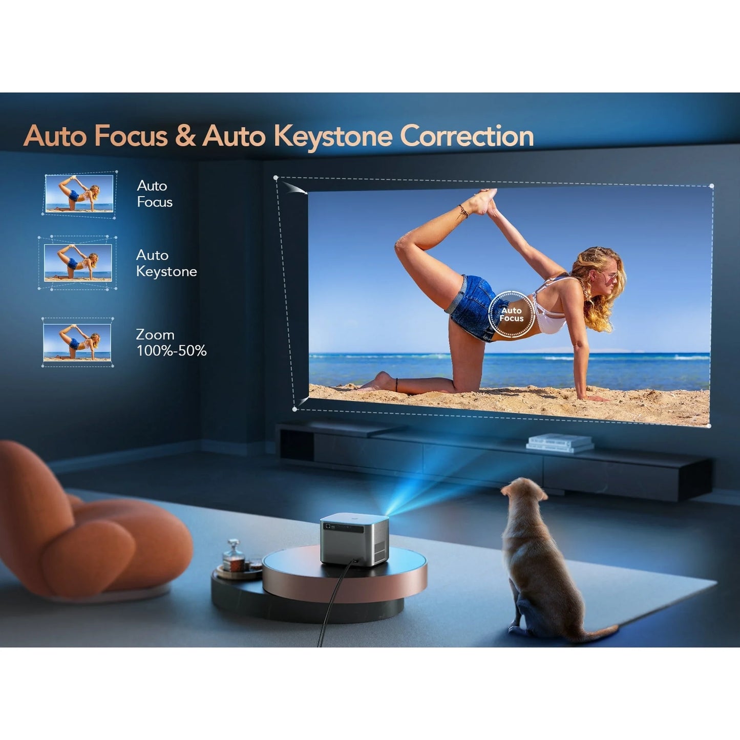 Smart Auto Focus 4K Projector, Home Movie Projector with Android OS, Native 1080P 5G Wifi 6 Bluetooth Projector, with Netflix 8000+ Apps
