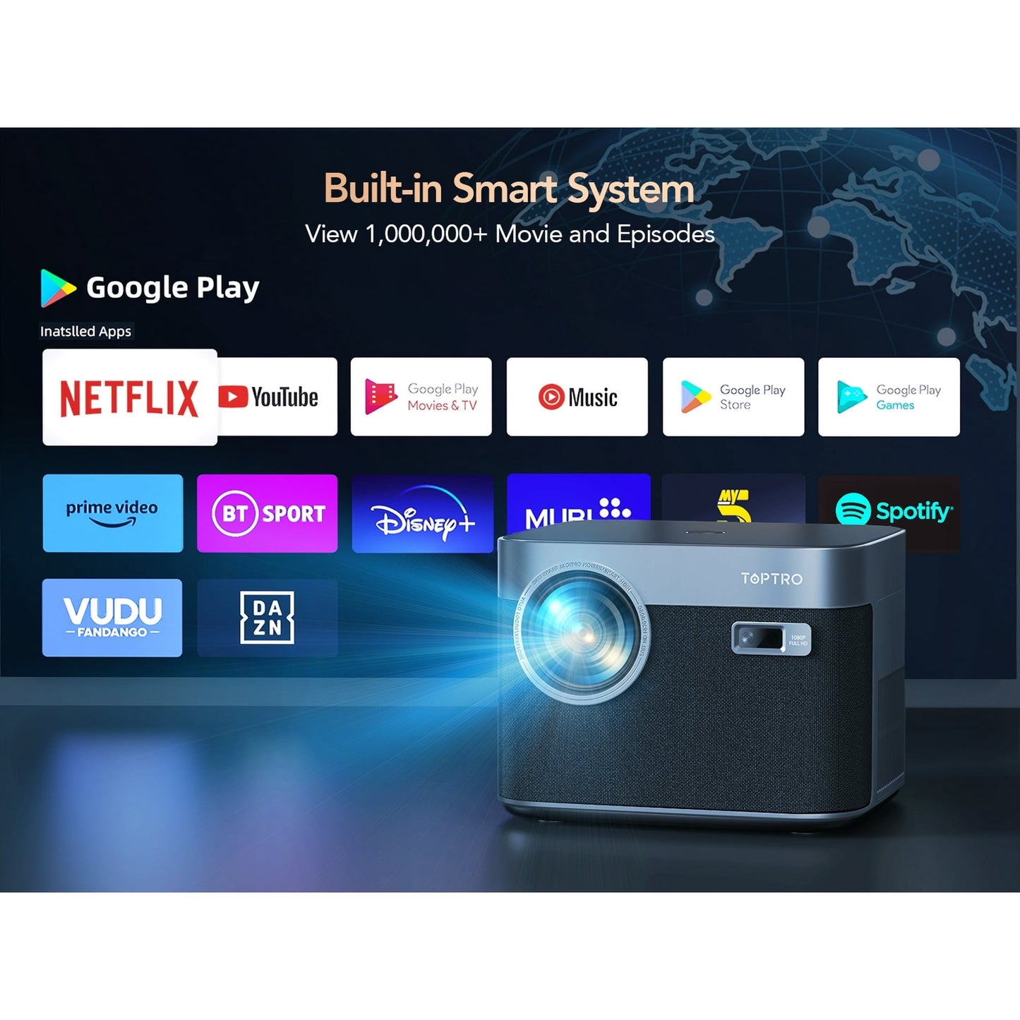 Smart Auto Focus 4K Projector, Home Movie Projector with Android OS, Native 1080P 5G Wifi 6 Bluetooth Projector, with Netflix 8000+ Apps
