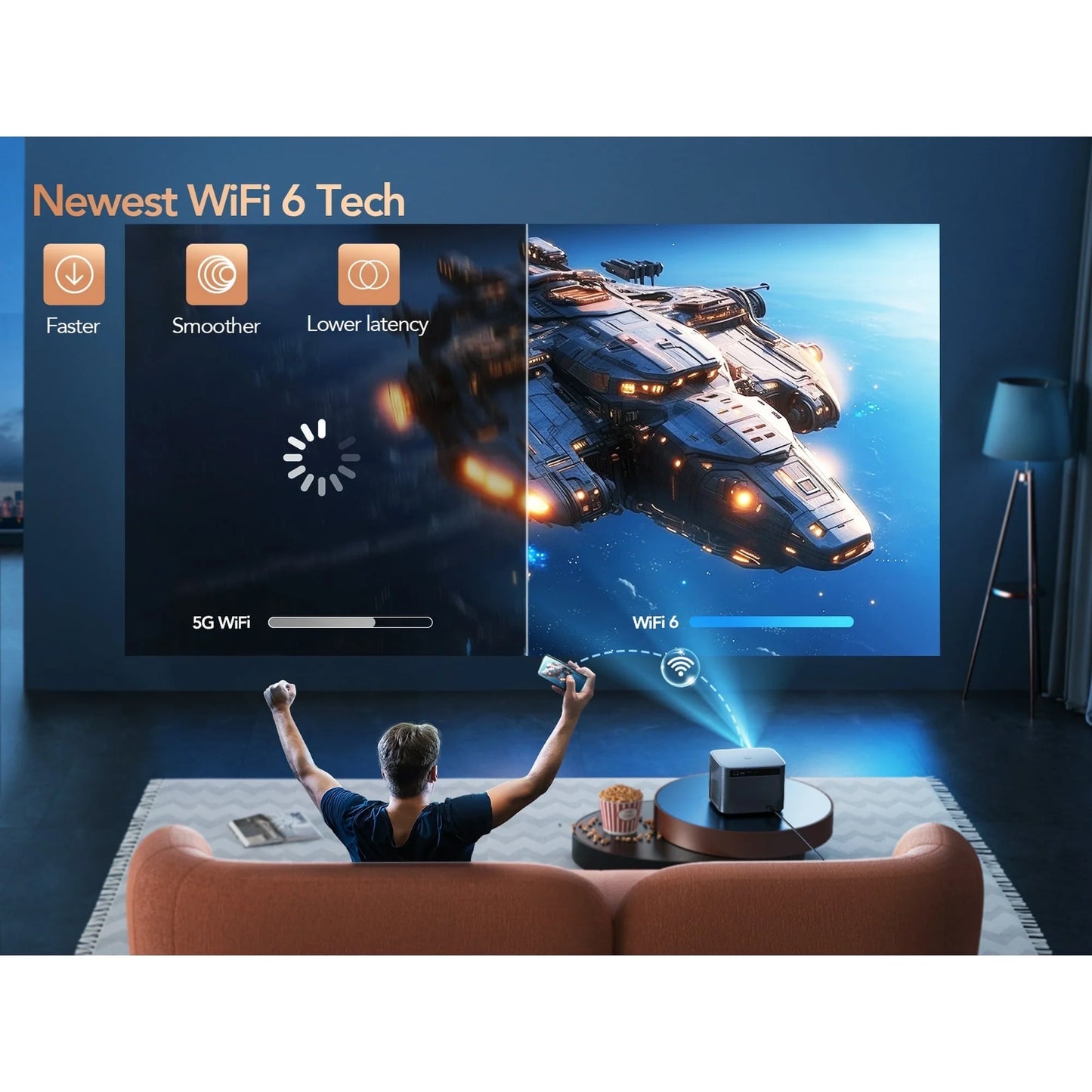 Smart Auto Focus 4K Projector, Home Movie Projector with Android OS, Native 1080P 5G Wifi 6 Bluetooth Projector, with Netflix 8000+ Apps
