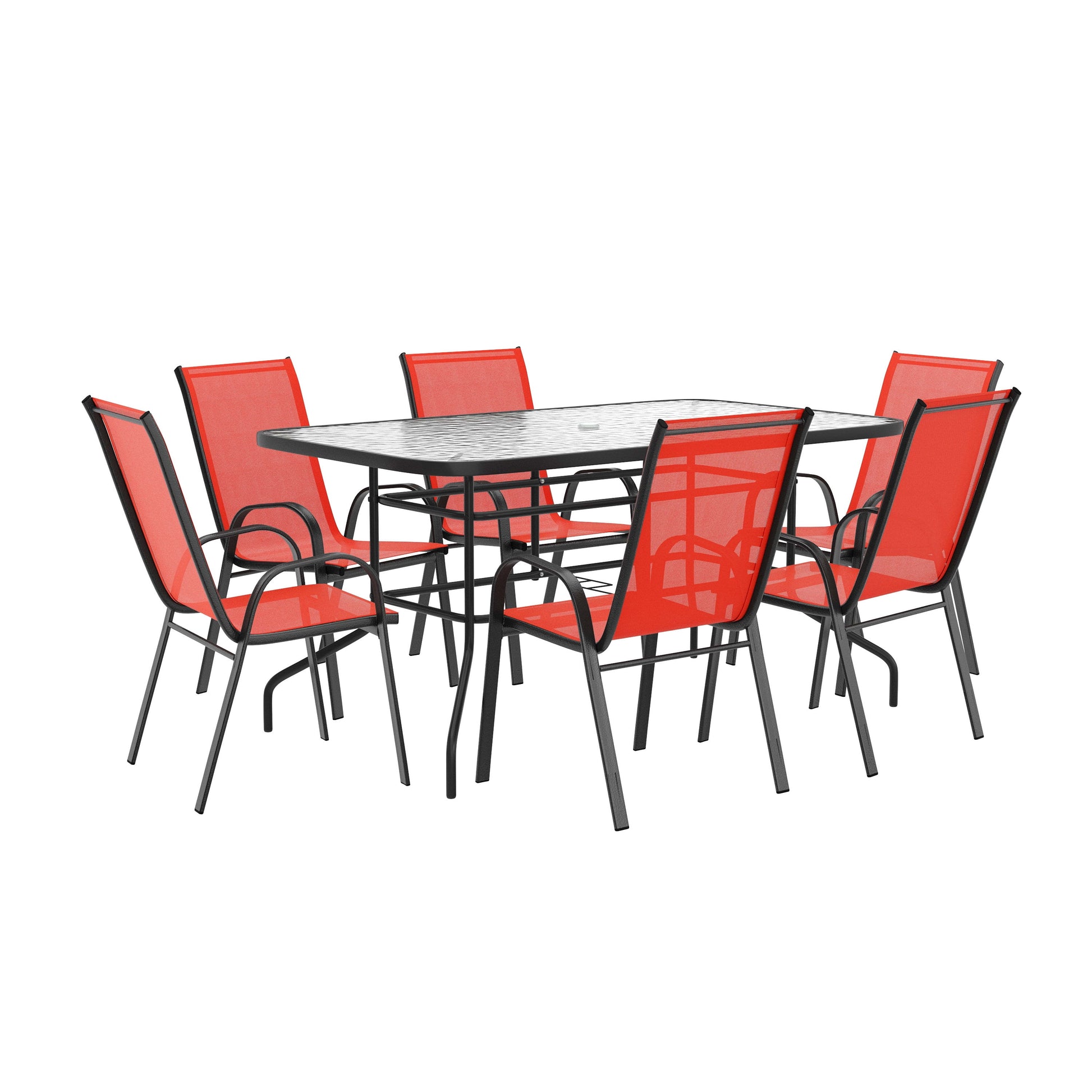 7 Piece Outdoor Patio Dining Set - 55" Tempered Glass Patio Table with Umbrella Hole, 6 Red Flex Comfort Stack Chairs