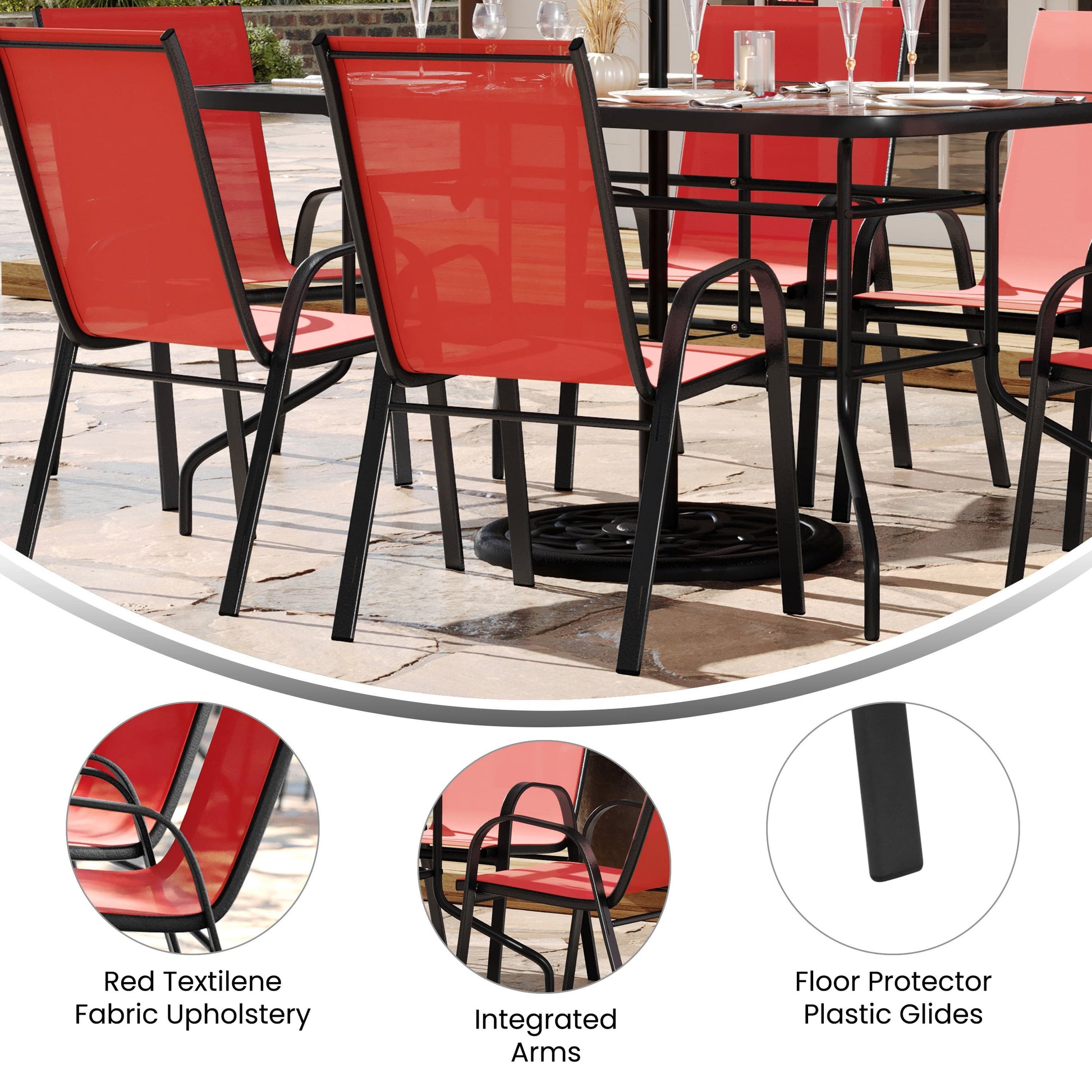 7 Piece Outdoor Patio Dining Set - 55" Tempered Glass Patio Table with Umbrella Hole, 6 Red Flex Comfort Stack Chairs