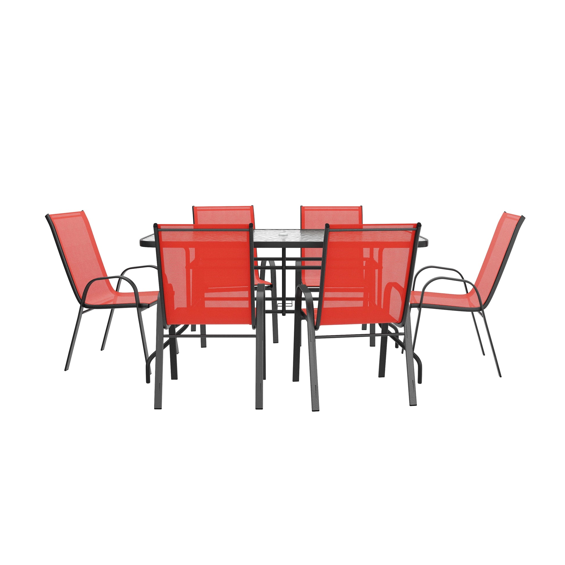 7 Piece Outdoor Patio Dining Set - 55" Tempered Glass Patio Table with Umbrella Hole, 6 Red Flex Comfort Stack Chairs