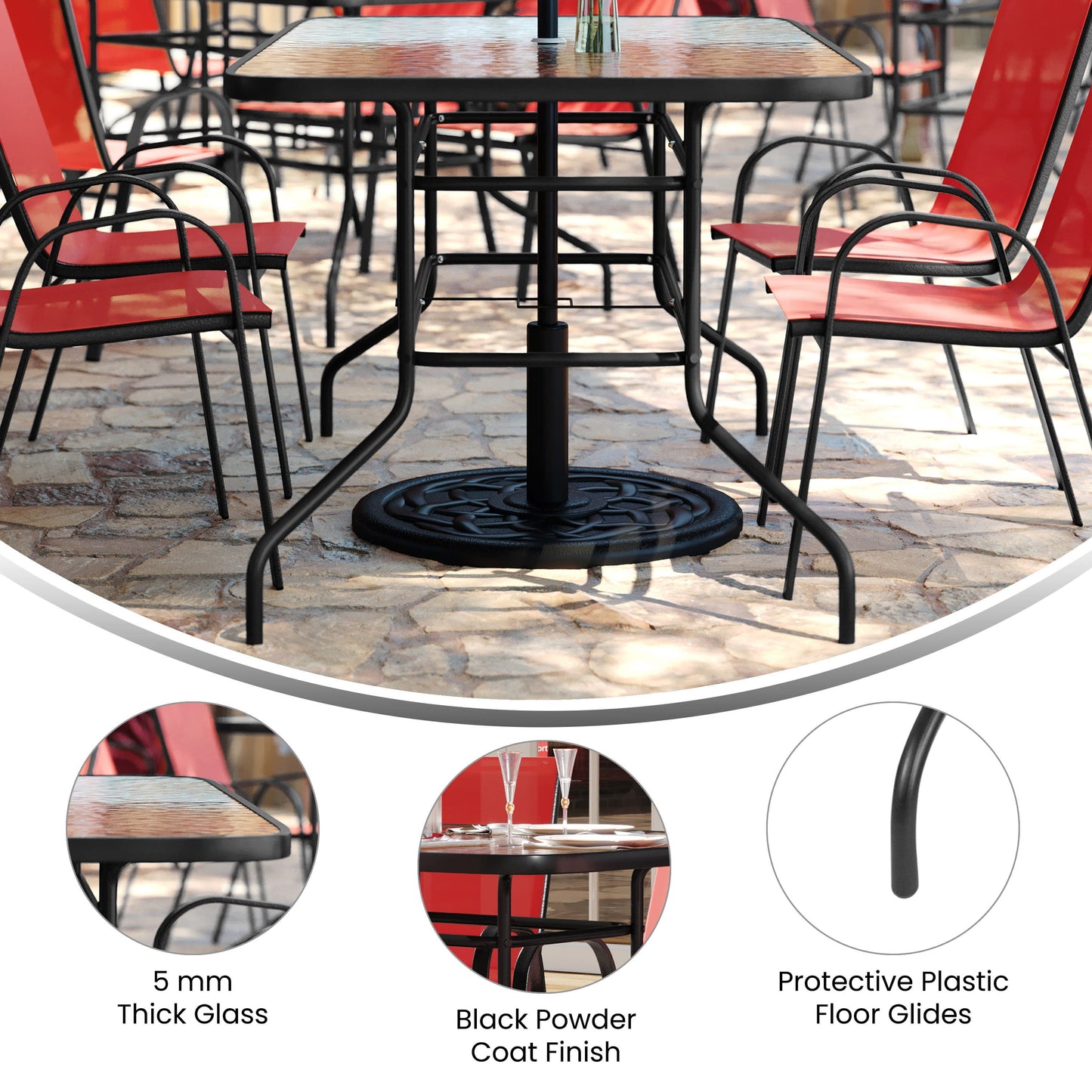 7 Piece Outdoor Patio Dining Set - 55" Tempered Glass Patio Table with Umbrella Hole, 6 Red Flex Comfort Stack Chairs