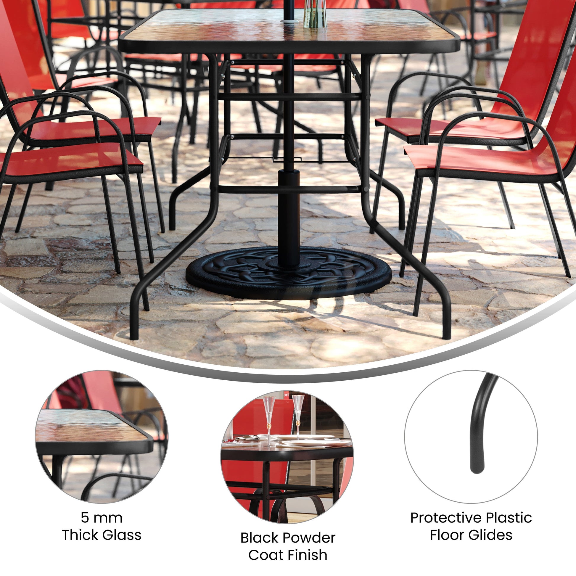 7 Piece Outdoor Patio Dining Set - 55" Tempered Glass Patio Table with Umbrella Hole, 6 Red Flex Comfort Stack Chairs