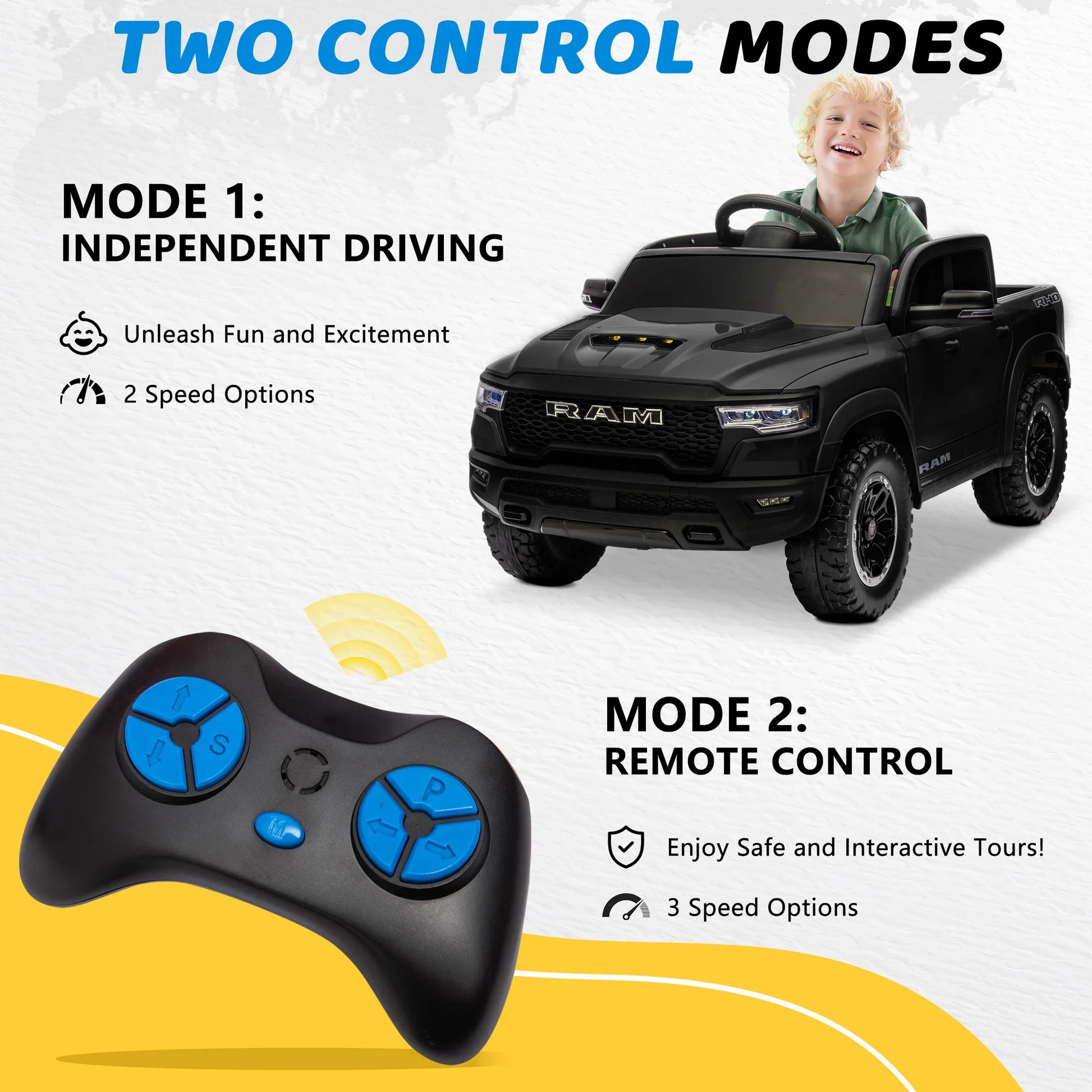 RAM 1500 Ride on Truck Cars, 12V Powered Ride on Toys with Remote Control, 4 Wheel Suspension Electric Cars for 3-5 Yrs Boy Girl W/Key Switch, Safety Belt, Music, Bluetooth, LED Lights, Black