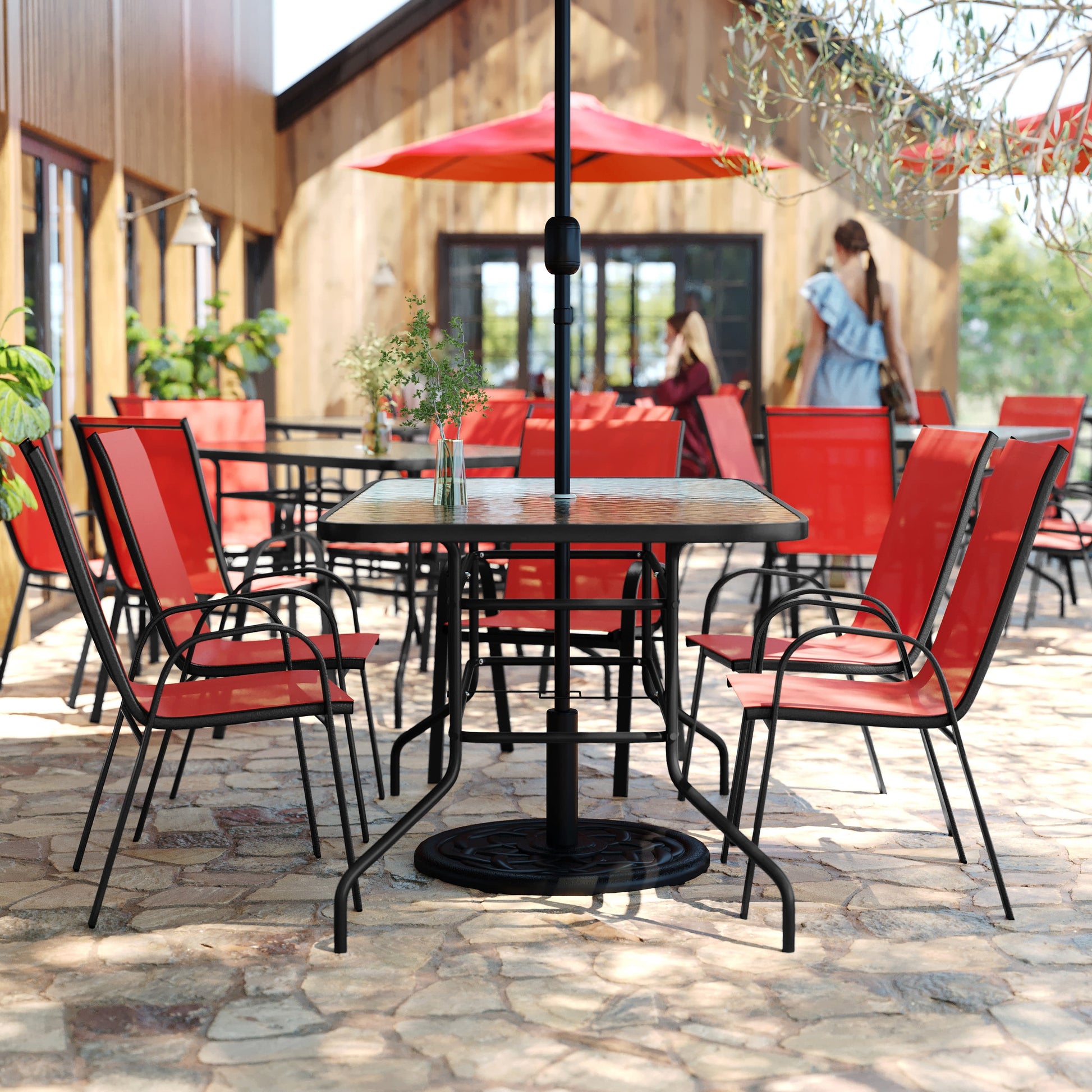 7 Piece Outdoor Patio Dining Set - 55" Tempered Glass Patio Table with Umbrella Hole, 6 Red Flex Comfort Stack Chairs