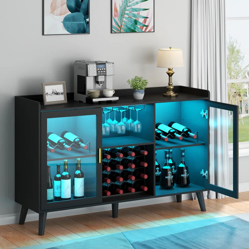 Ermo Wine Bar Cabinet with Led Light, Home Coffee Cabinet with Wine and Glass Rack