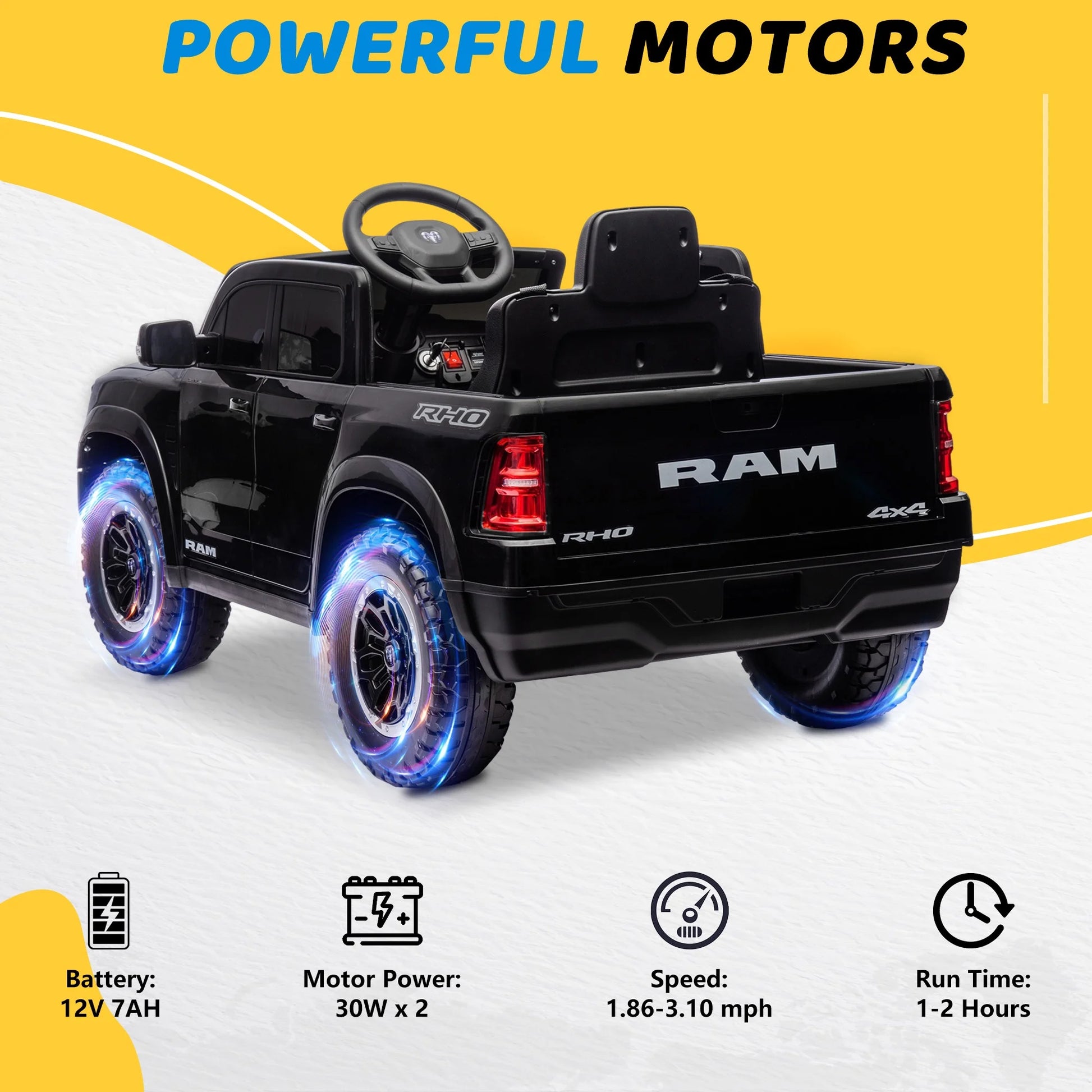 RAM 1500 Ride on Truck Cars, 12V Powered Ride on Toys with Remote Control, 4 Wheel Suspension Electric Cars for 3-5 Yrs Boy Girl W/Key Switch, Safety Belt, Music, Bluetooth, LED Lights, Black
