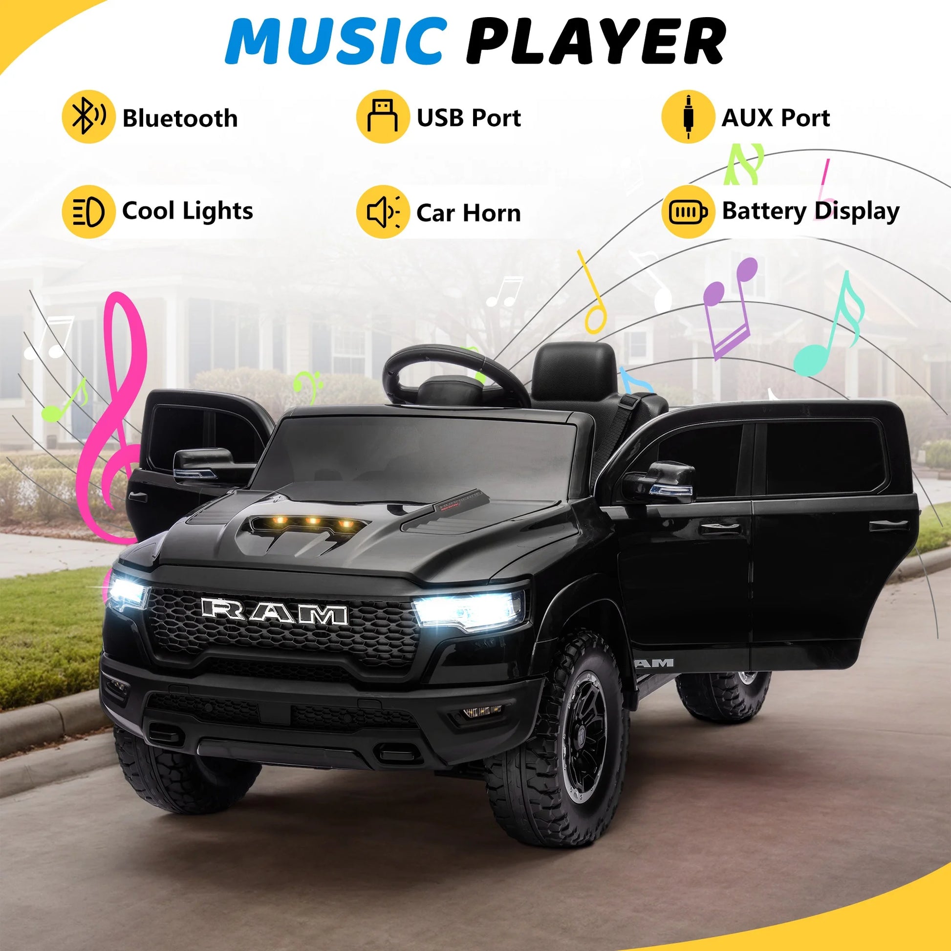 RAM 1500 Ride on Truck Cars, 12V Powered Ride on Toys with Remote Control, 4 Wheel Suspension Electric Cars for 3-5 Yrs Boy Girl W/Key Switch, Safety Belt, Music, Bluetooth, LED Lights, Black