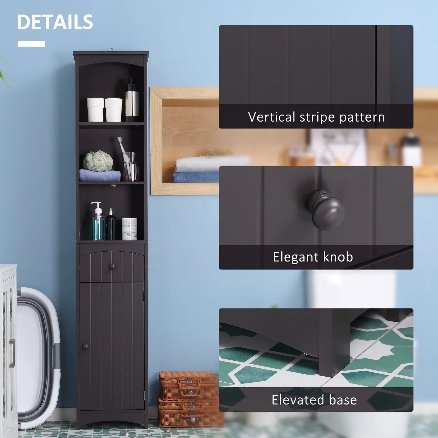 Bathroom Storage Cabinet, Free Standing Bathroom Storage Unit, Tall Linen Tower with 3-Tier Shelves and Drawer, Brown