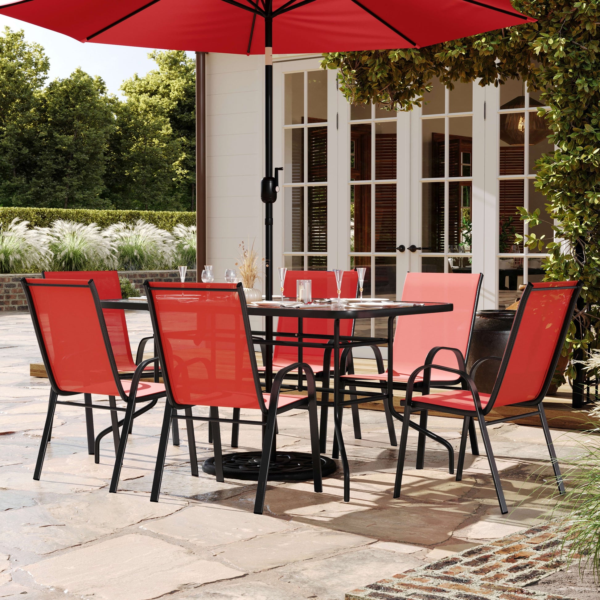 7 Piece Outdoor Patio Dining Set - 55" Tempered Glass Patio Table with Umbrella Hole, 6 Red Flex Comfort Stack Chairs