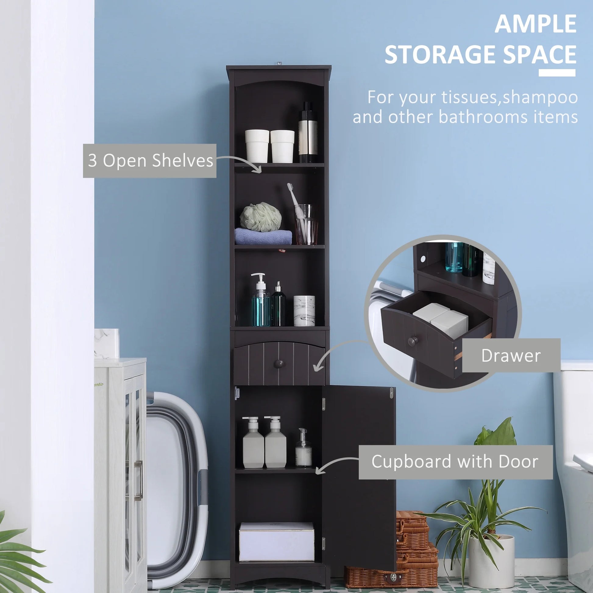 Bathroom Storage Cabinet, Free Standing Bathroom Storage Unit, Tall Linen Tower with 3-Tier Shelves and Drawer, Brown