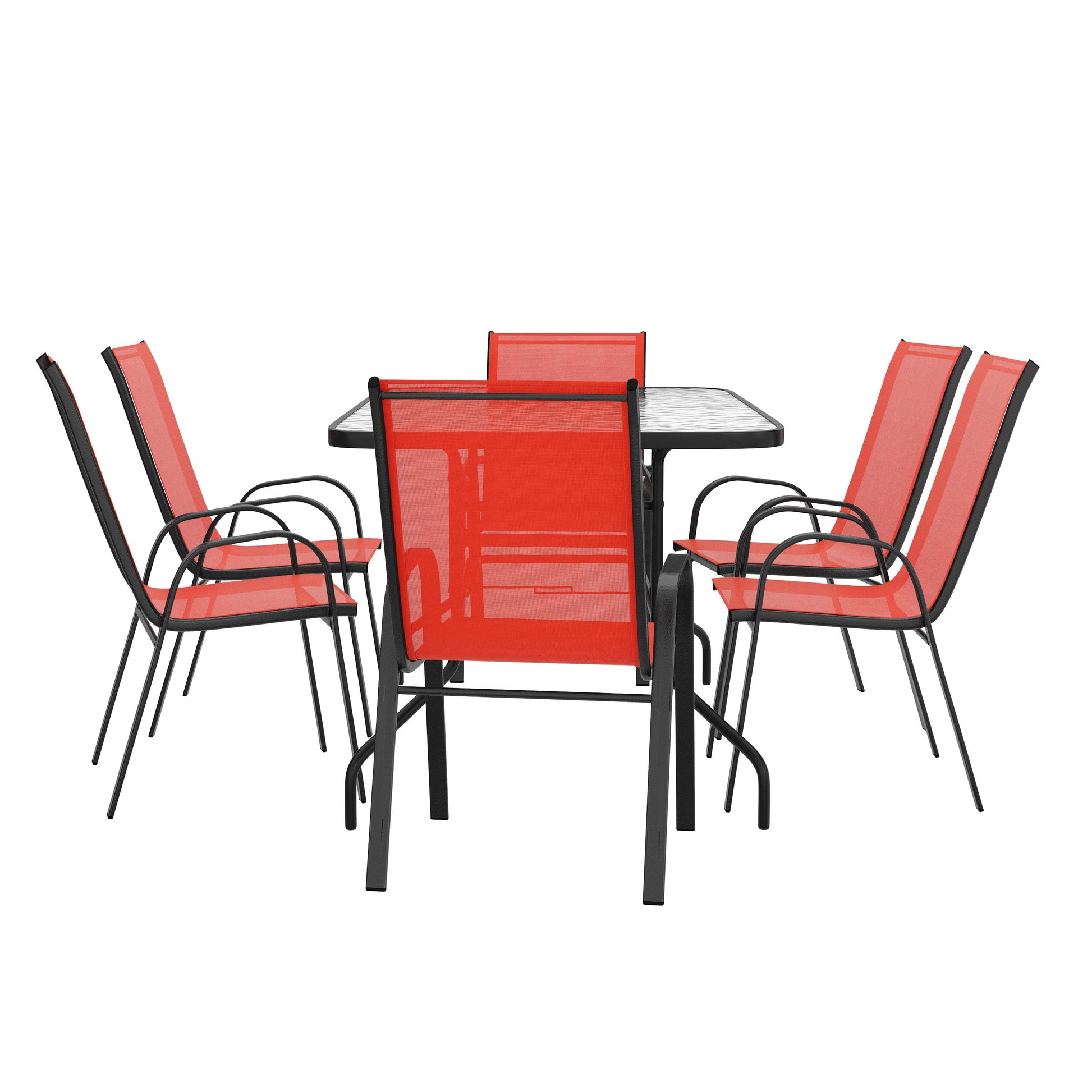 7 Piece Outdoor Patio Dining Set - 55" Tempered Glass Patio Table with Umbrella Hole, 6 Red Flex Comfort Stack Chairs