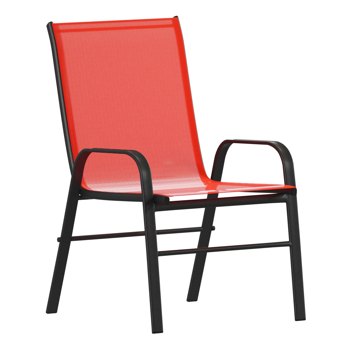 7 Piece Outdoor Patio Dining Set - 55" Tempered Glass Patio Table with Umbrella Hole, 6 Red Flex Comfort Stack Chairs