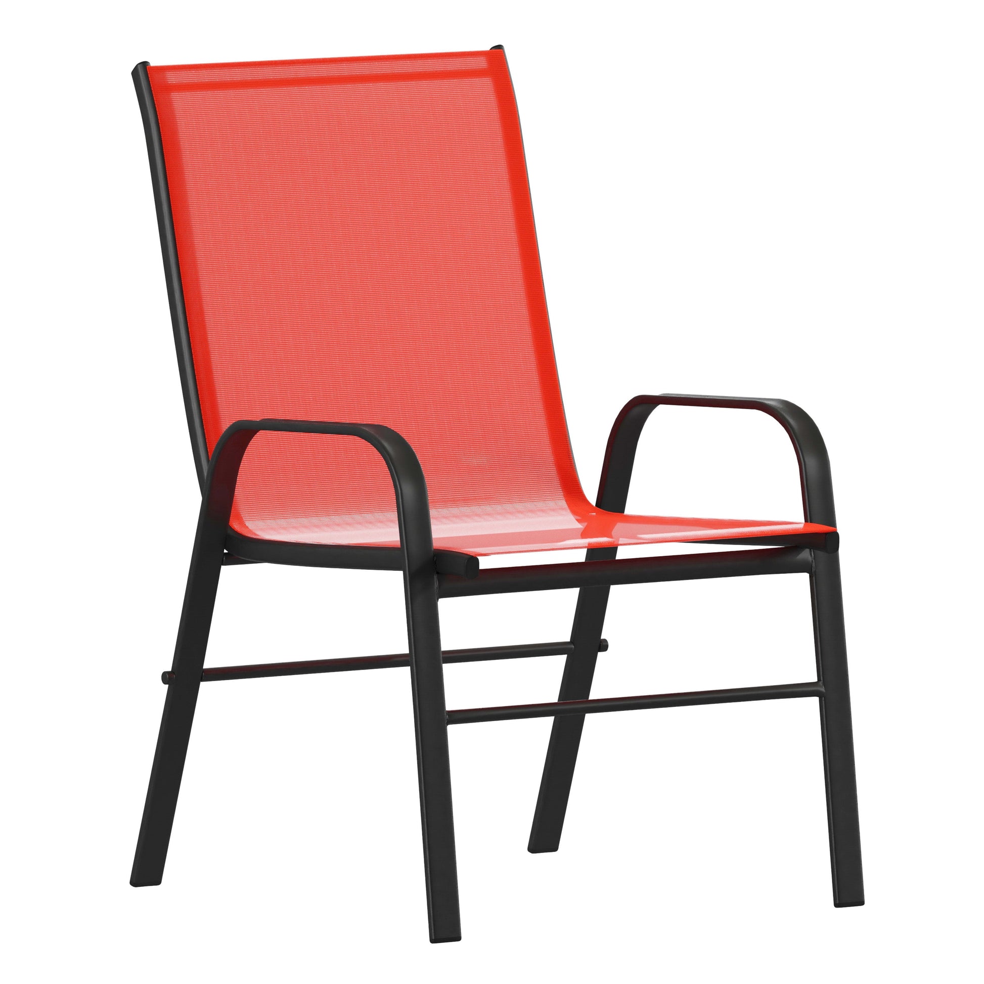 7 Piece Outdoor Patio Dining Set - 55" Tempered Glass Patio Table with Umbrella Hole, 6 Red Flex Comfort Stack Chairs