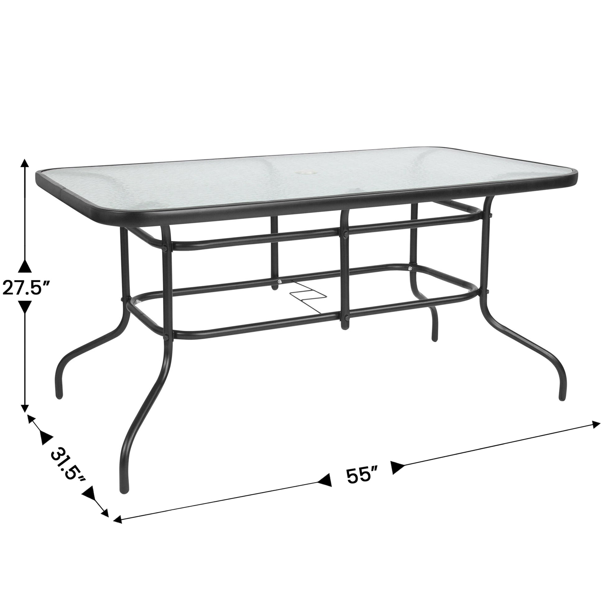7 Piece Outdoor Patio Dining Set - 55" Tempered Glass Patio Table with Umbrella Hole, 6 Red Flex Comfort Stack Chairs