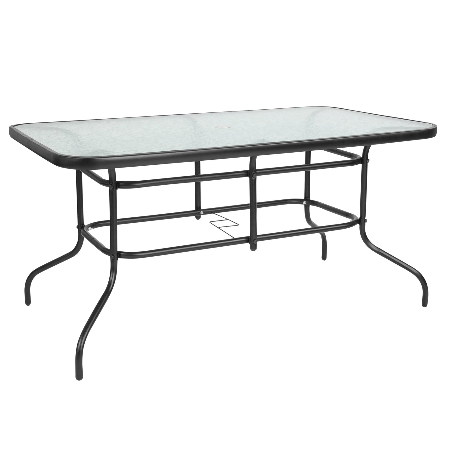7 Piece Outdoor Patio Dining Set - 55" Tempered Glass Patio Table with Umbrella Hole, 6 Red Flex Comfort Stack Chairs