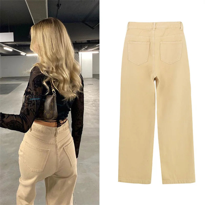 2022 NEW High Waist Loose 100%Cotton Straight Khaki Jeans Women Denim Trousers Drape Ice Cream Color Street Hot Girl Denim Pants