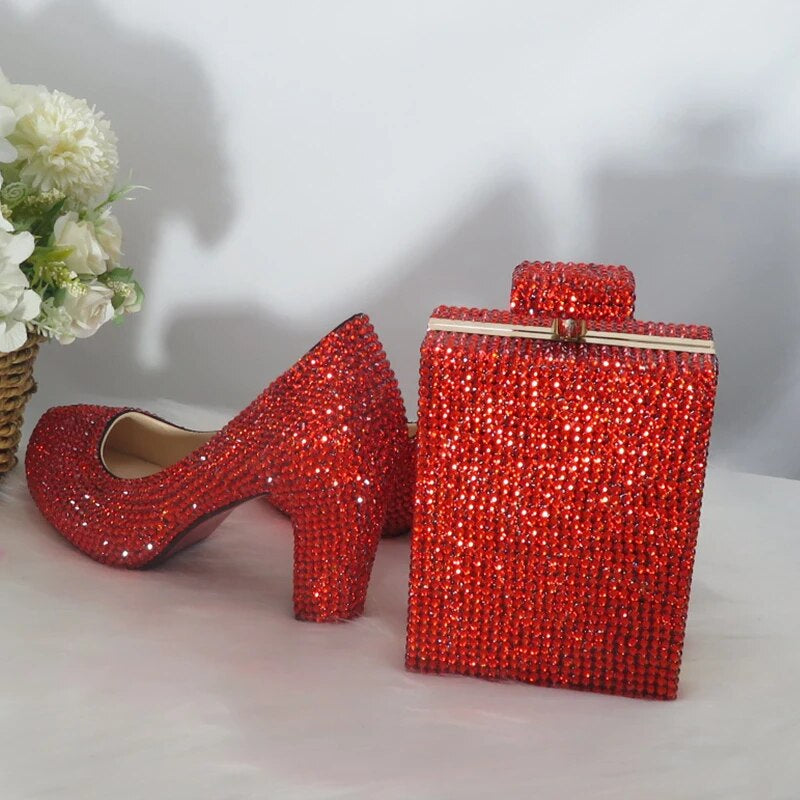 2021 Orange 9Cm Thick Heel Crystal Wedding Shoes and Matching Bags Women Shoes Party Dress Shoes Bags Set Performance Shoes