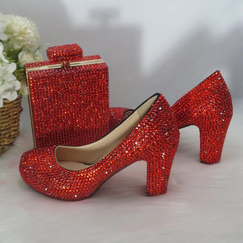 2021 Orange 9Cm Thick Heel Crystal Wedding Shoes and Matching Bags Women Shoes Party Dress Shoes Bags Set Performance Shoes