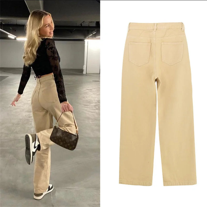 2022 NEW High Waist Loose 100%Cotton Straight Khaki Jeans Women Denim Trousers Drape Ice Cream Color Street Hot Girl Denim Pants