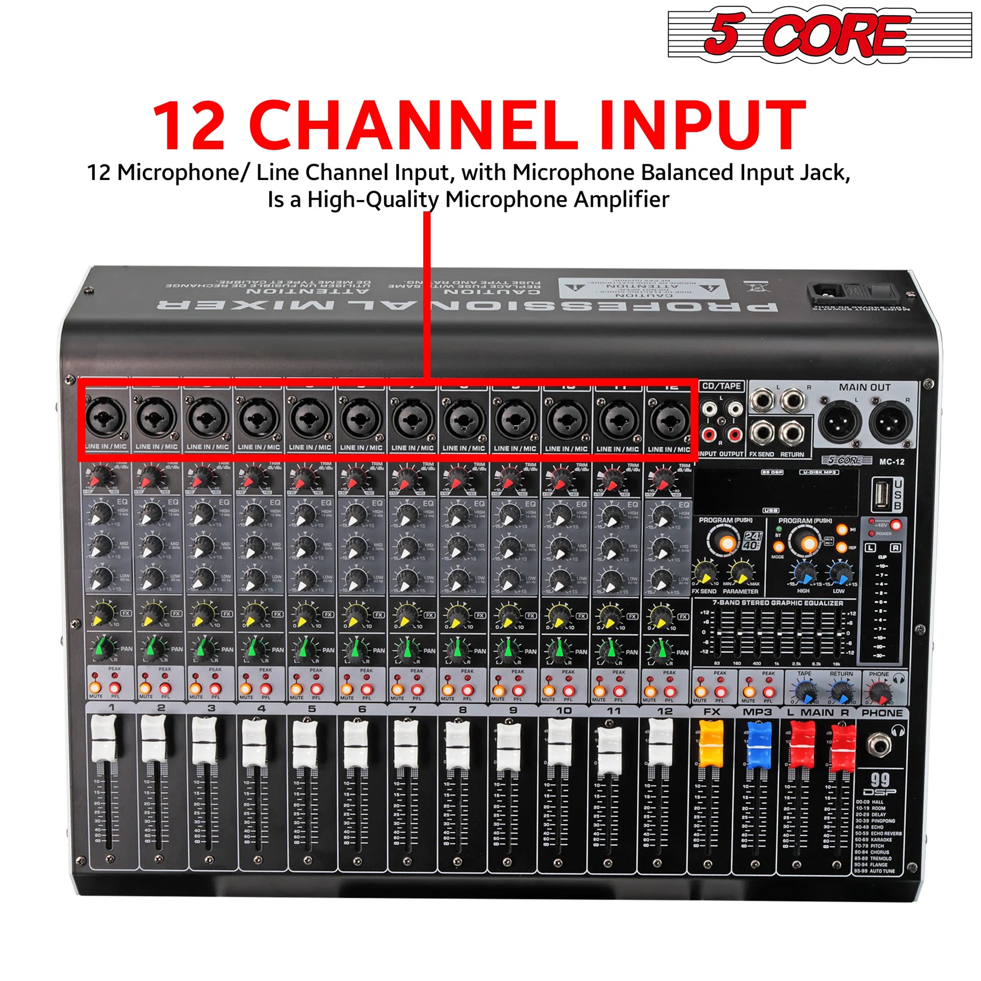 5 Core Audio DJ Mixer 12 Channel Sound Board L Shape W Bluetooth • USB • 99 DSP Effects 48V Phantom Power