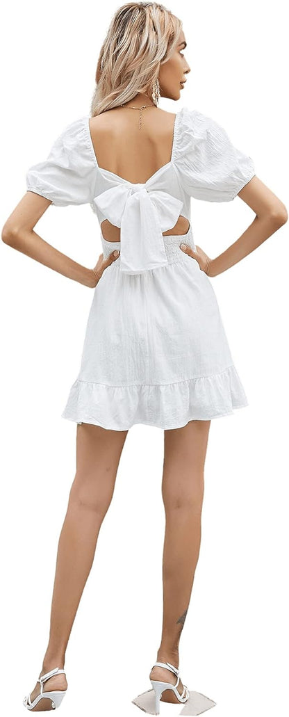 Women'S Short Puff Sleeve Ruffle Skater Mini Dress Square Neck Tie Back Shirred a Line Dresses