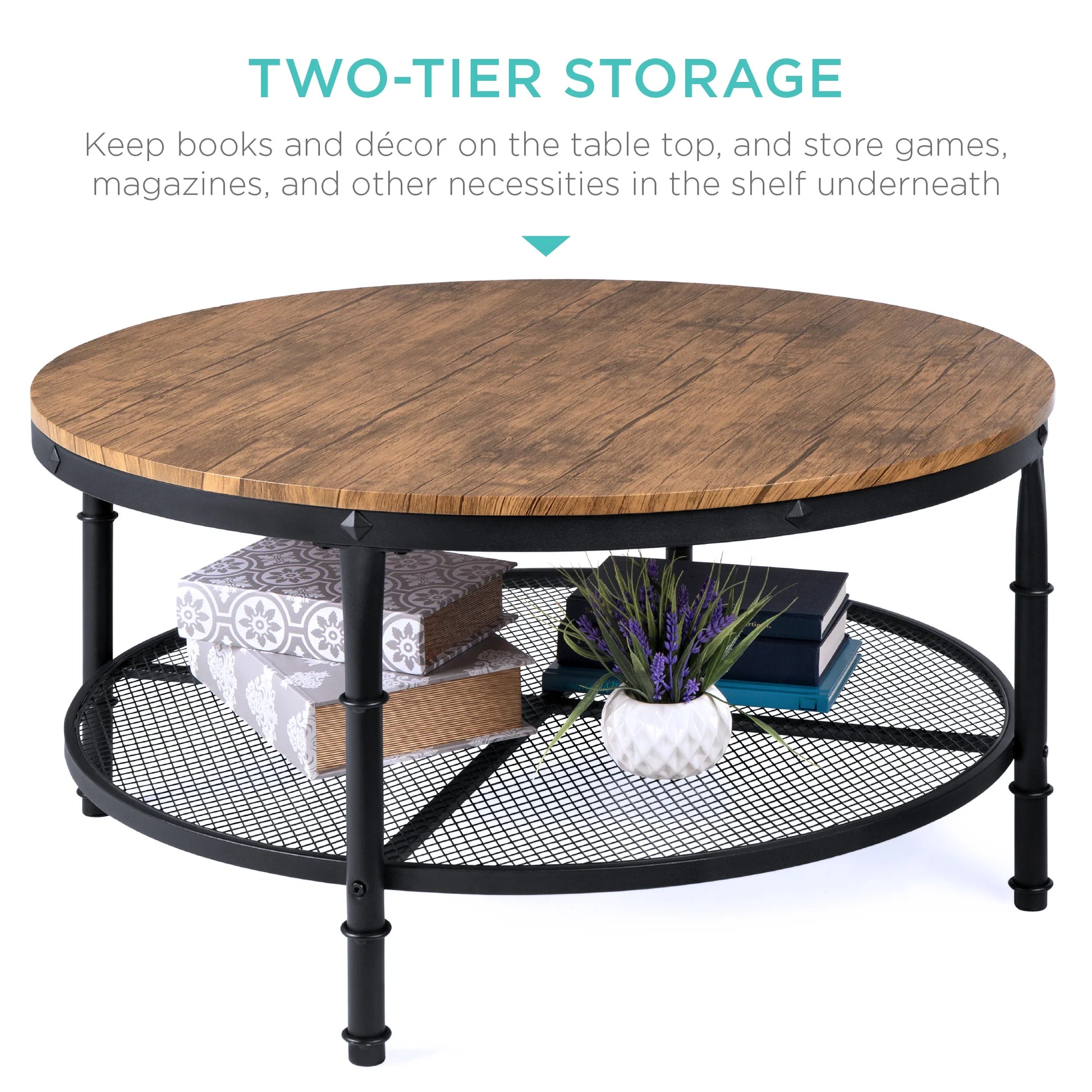 2-Tier round Industrial Wood & Steel Coffee Table, Storage Shelves - 35.5In