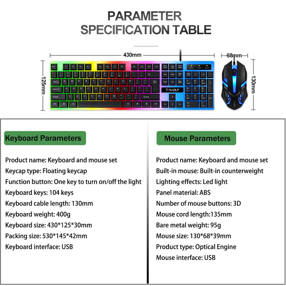 Rainbow Wired Gaming Keyboard and Mouse Combo, RGB Backlit Keyboard with 104 Key, USB Illuminated Gaming Mouse Set for Computer PC Gamer Laptop