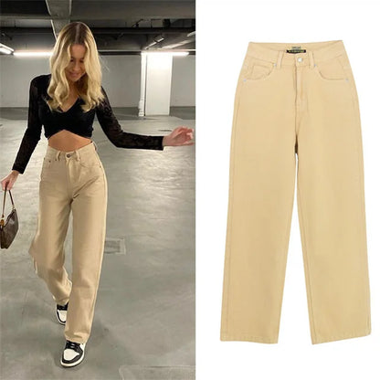 2022 NEW High Waist Loose 100%Cotton Straight Khaki Jeans Women Denim Trousers Drape Ice Cream Color Street Hot Girl Denim Pants