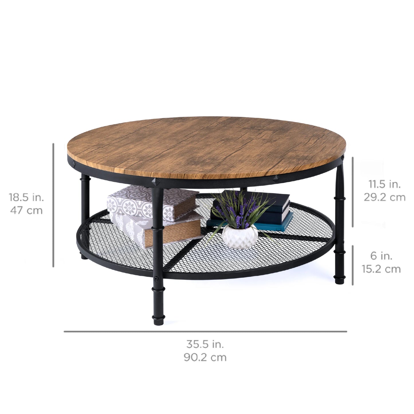 2-Tier round Industrial Wood & Steel Coffee Table, Storage Shelves - 35.5In