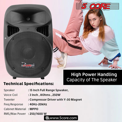 5 Core 15 Inch PA DJ Speaker 2 Pack Passive Subwoofer 3200W Combined Peak W Super Bullet Tweeter