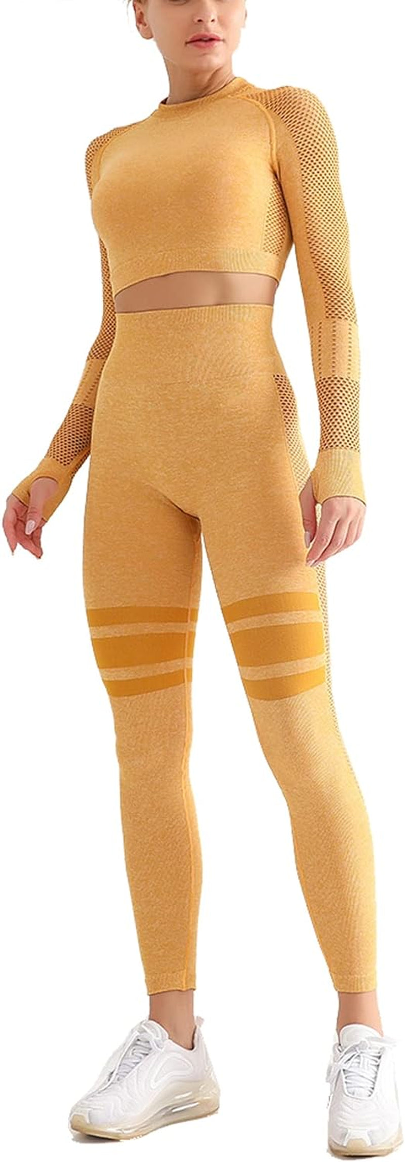 Workout Sets Women 2 Piece Gym Outfits Seamless Yoga Long Sleeve Crop Top Stripes Legging Mesh Yellow Medium