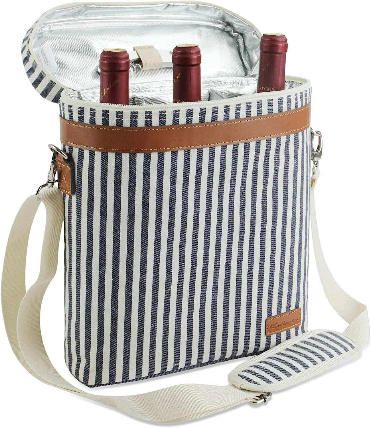 3 Bottle Insulated Wine Tote Cooler Bag, Portable Wine Carrier with Corkscrew Opener and Shoulder Strap for Beach Travel Picnic, Unique Wine Carrier for Wine Lover Gifts