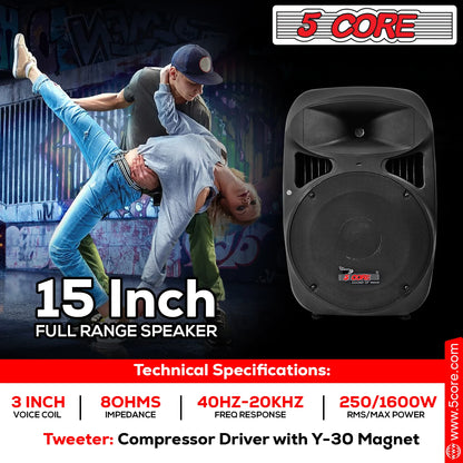 5 Core 15 Inch PA DJ Speaker 2 Pack Passive Subwoofer 3200W Combined Peak W Super Bullet Tweeter