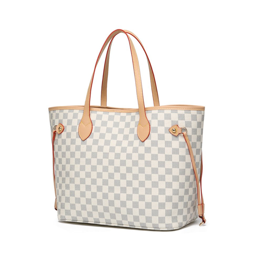 TWENTY FOUR Womens Checkered Tote Shoulder Bag with Inner Pouch - PU Vegan Leather Shoulder Satchel Fashion Bags -Cream Checkered