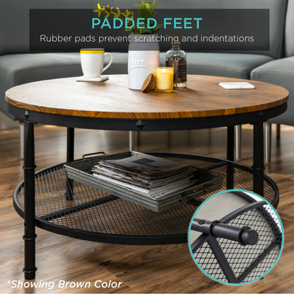 2-Tier round Industrial Wood & Steel Coffee Table, Storage Shelves - 35.5In