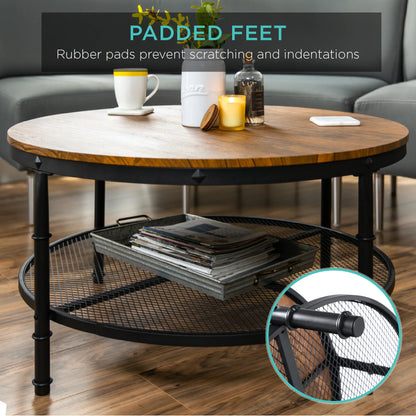 2-Tier round Industrial Wood & Steel Coffee Table, Storage Shelves - 35.5In