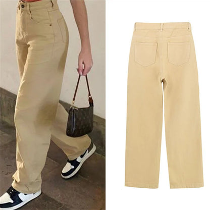 2022 NEW High Waist Loose 100%Cotton Straight Khaki Jeans Women Denim Trousers Drape Ice Cream Color Street Hot Girl Denim Pants