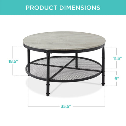 2-Tier round Industrial Wood & Steel Coffee Table, Storage Shelves - 35.5In