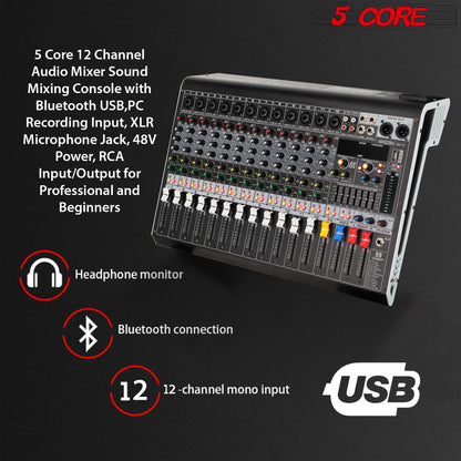 5 Core Audio DJ Mixer 12 Channel Sound Board L Shape W Bluetooth • USB • 99 DSP Effects 48V Phantom Power