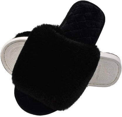 Women'S Fuzzy Fur Flat Slippers Soft Open Toe House Slippers Memory Foam Sandals Slides Home Slippers for Girls Men Indoor Outdoor