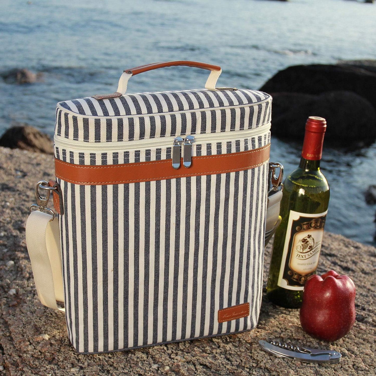 3 Bottle Insulated Wine Tote Cooler Bag, Portable Wine Carrier with Corkscrew Opener and Shoulder Strap for Beach Travel Picnic, Unique Wine Carrier for Wine Lover Gifts