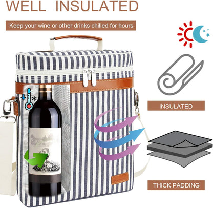 3 Bottle Insulated Wine Tote Cooler Bag, Portable Wine Carrier with Corkscrew Opener and Shoulder Strap for Beach Travel Picnic, Unique Wine Carrier for Wine Lover Gifts