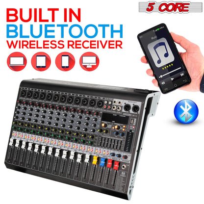 5 Core Audio DJ Mixer 12 Channel Sound Board L Shape W Bluetooth • USB • 99 DSP Effects 48V Phantom Power