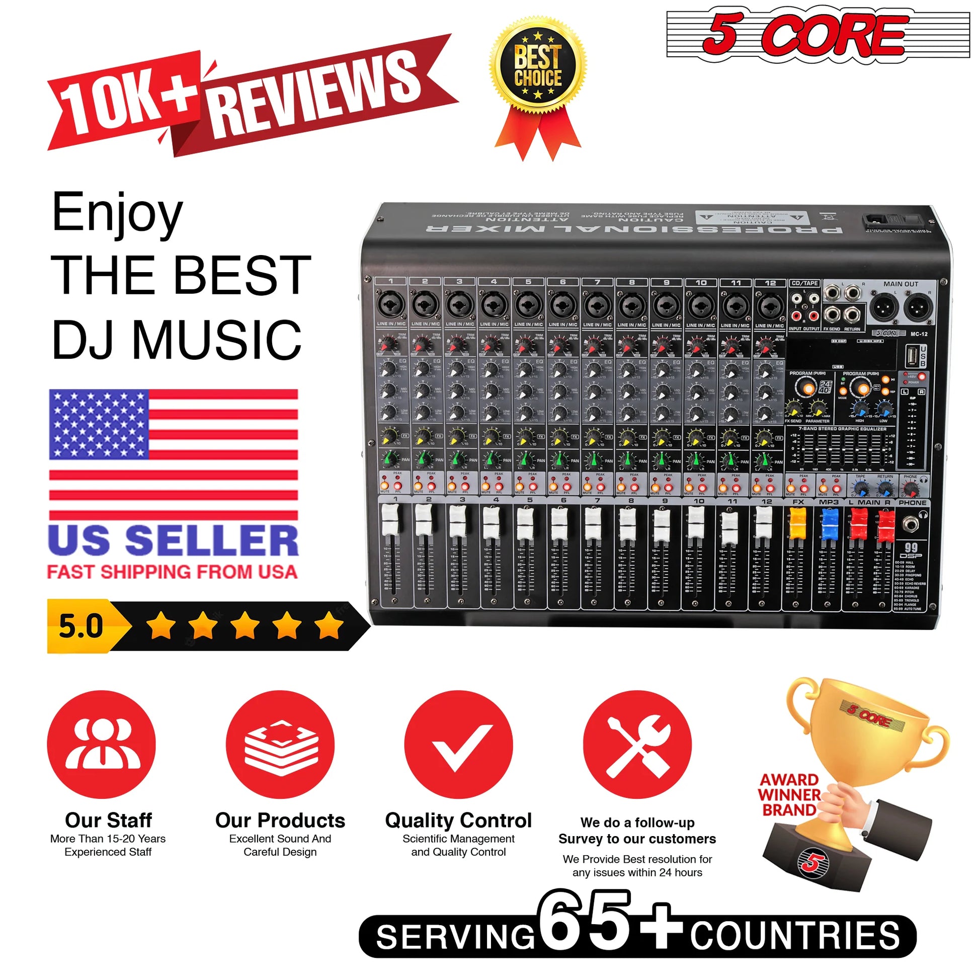 5 Core Audio DJ Mixer 12 Channel Sound Board L Shape W Bluetooth • USB • 99 DSP Effects 48V Phantom Power