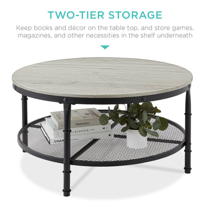 2-Tier round Industrial Wood & Steel Coffee Table, Storage Shelves - 35.5In